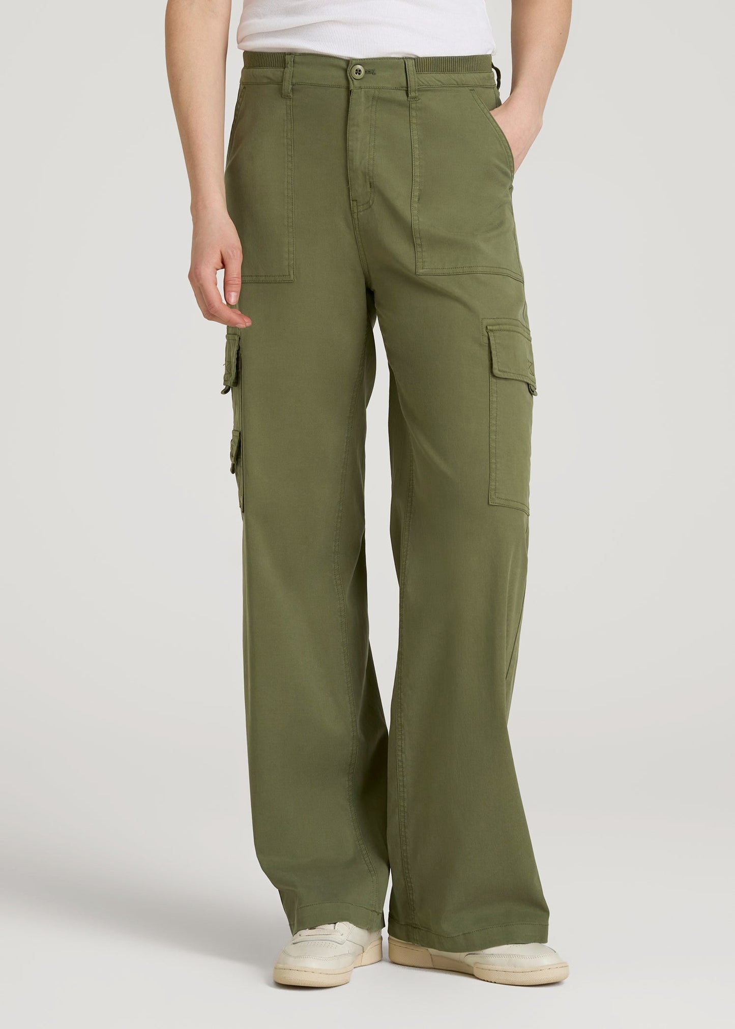 Garment Dyed Wide Leg Cargo Pants for Tall Women in Bright Olive