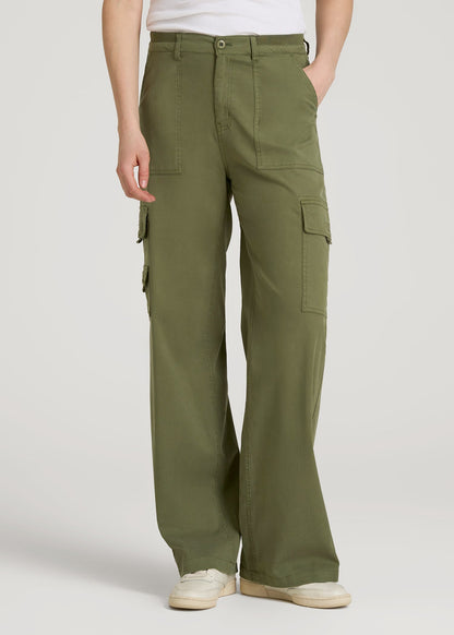 Garment Dyed Wide Leg Cargo Pants for Tall Women in Bright Olive