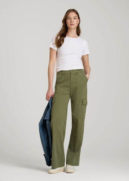 Garment Dyed Wide Leg Cargo Pants for Tall Women in Bright Olive