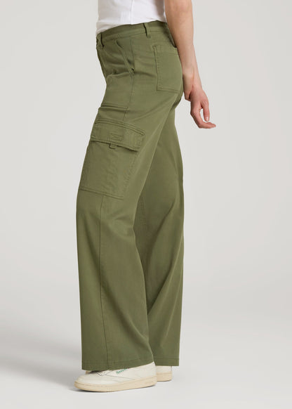 Garment Dyed Wide Leg Cargo Pants for Tall Women in Bright Olive