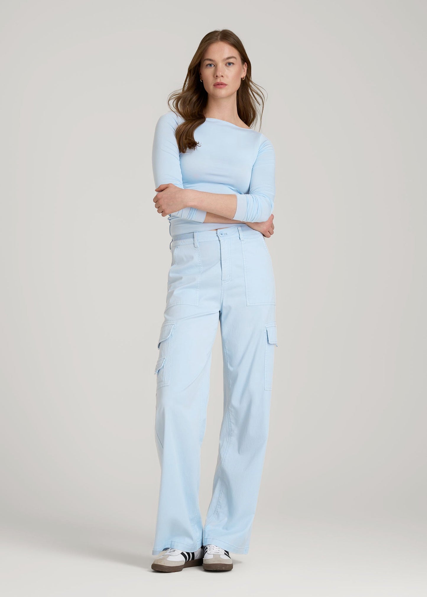 Garment Dyed Wide Leg Cargo Pants for Tall Women in Ice Blue