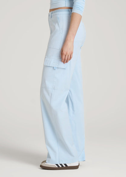 Garment Dyed Wide Leg Cargo Pants for Tall Women in Ice Blue