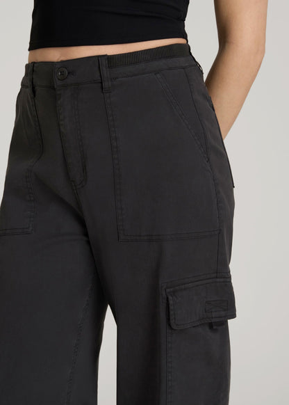 Garment Dyed Wide Leg Cargo Pants for Tall Women in Washed Vintage Black