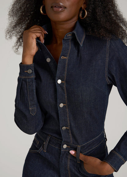 Long Sleeve Denim Jumpsuit for Tall Women in Rinse Wash
