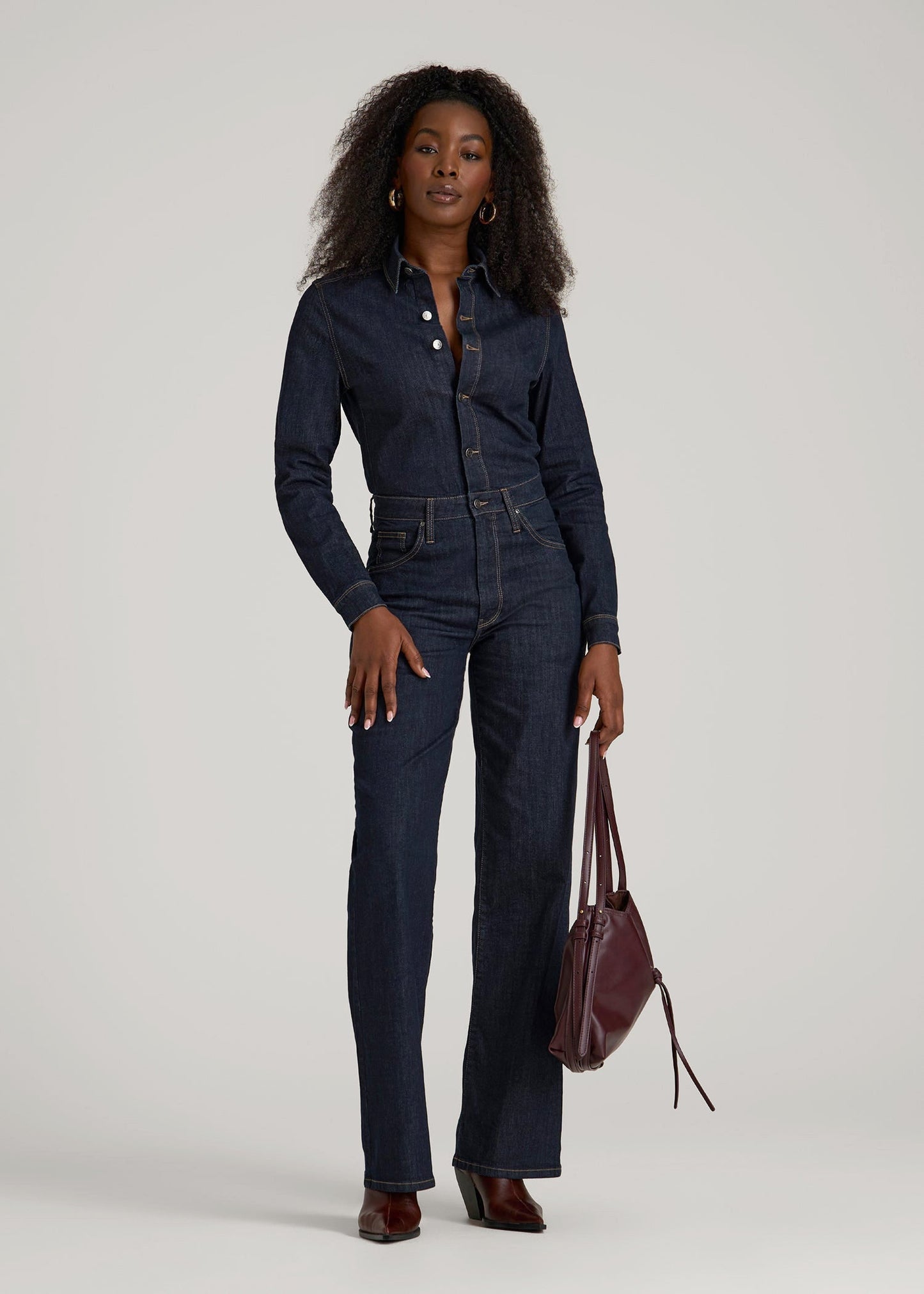 Long Sleeve Denim Jumpsuit for Tall Women in Rinse Wash
