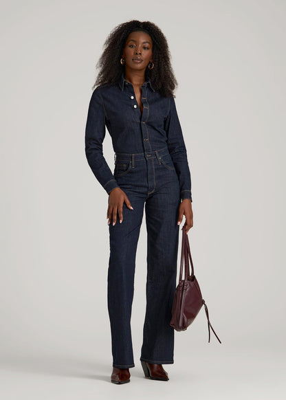Long Sleeve Denim Jumpsuit for Tall Women in Rinse Wash