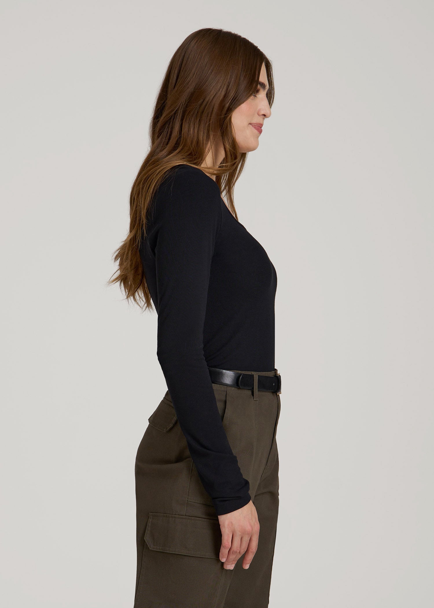Long Sleeve Ribbed Square Neck Top for Tall Women in Black
