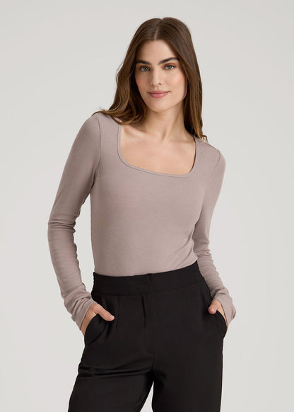 Long Sleeve Ribbed Square Neck Top for Tall Women in Truly Taupe