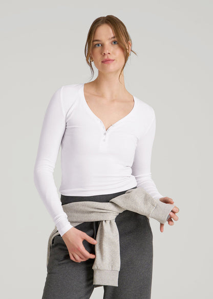 Fitted Ribbed Long Sleeve Henley for Tall Women in White
