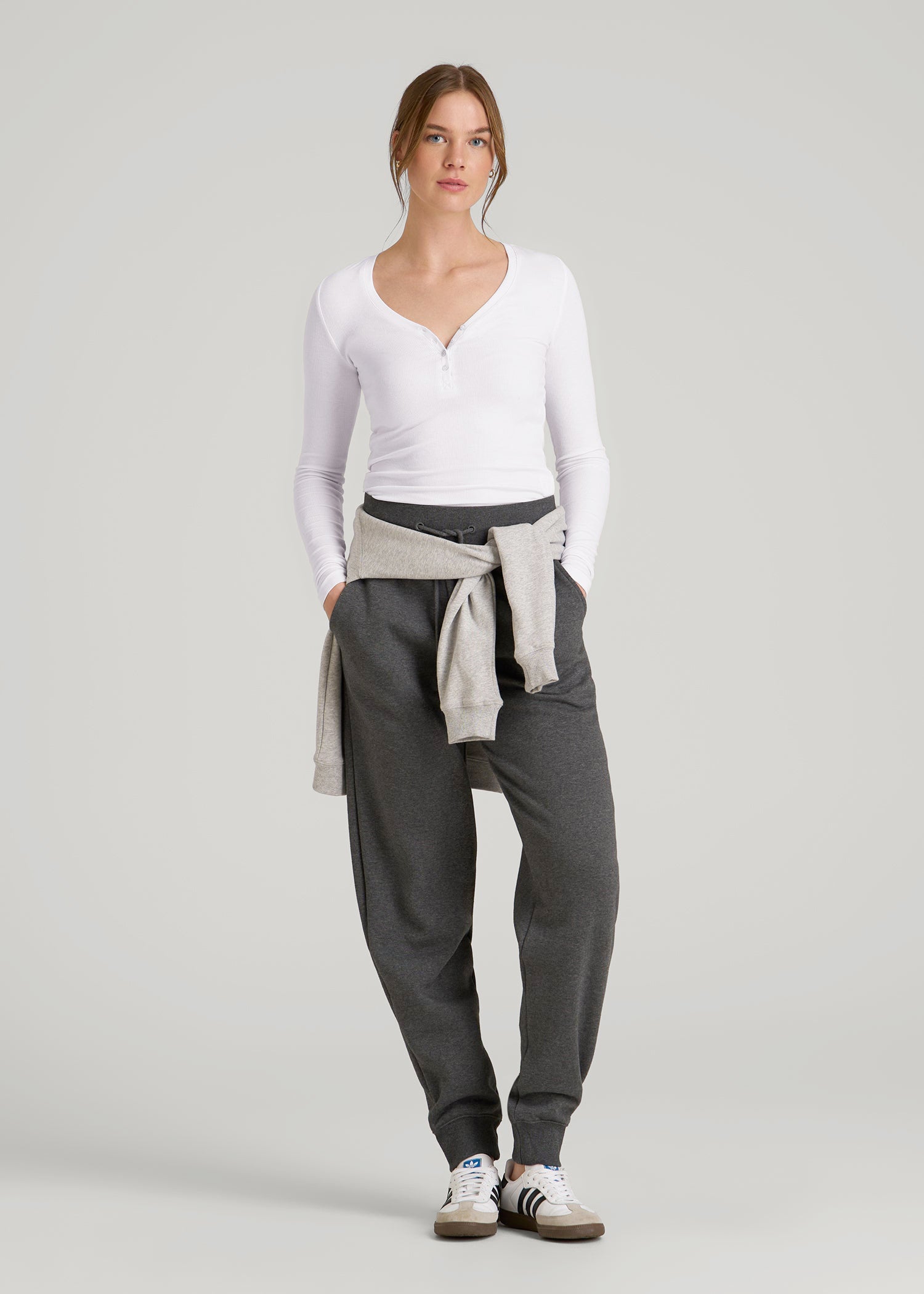 Fitted Ribbed Long Sleeve Henley for Tall Women in White