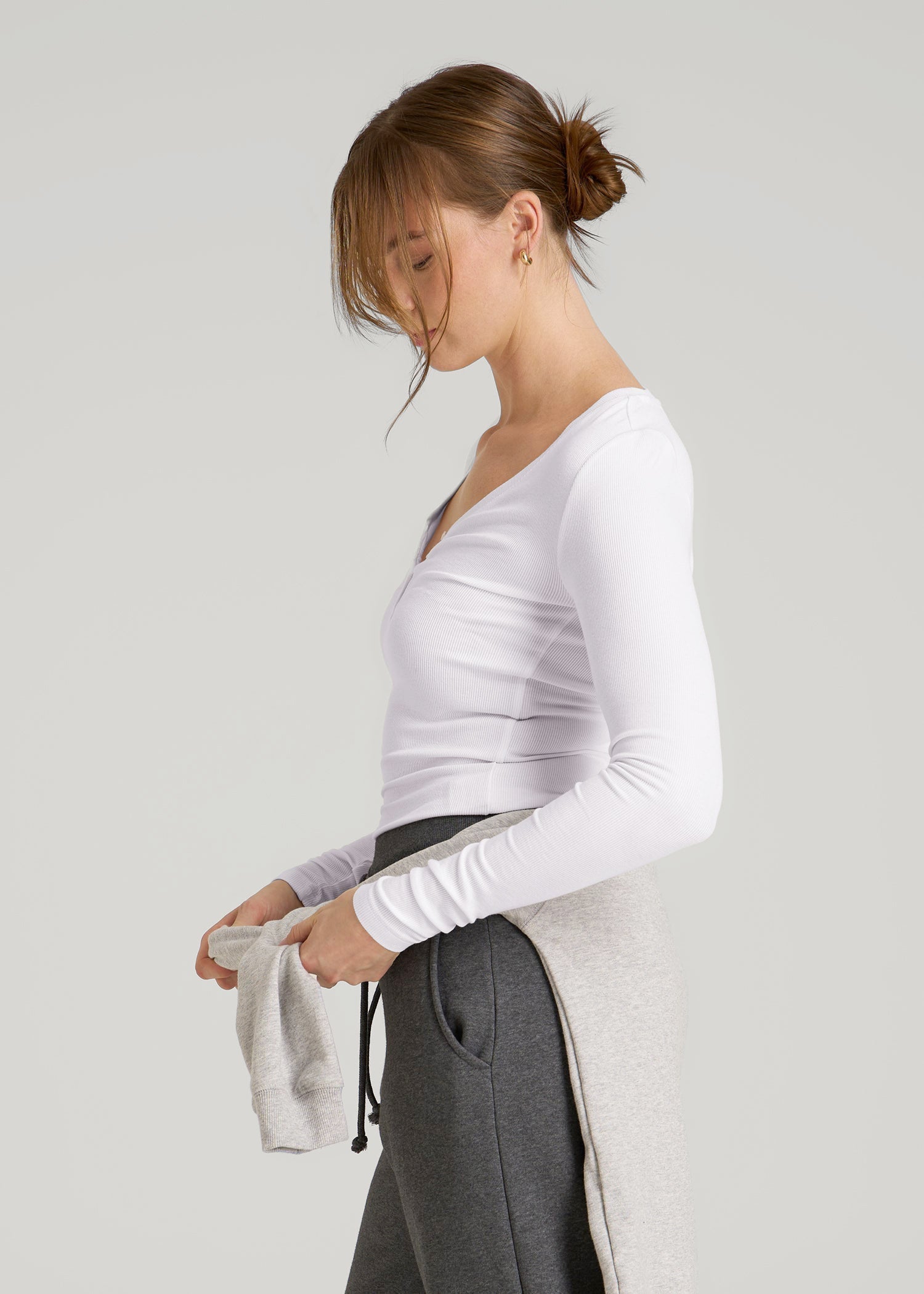 Fitted Ribbed Long Sleeve Henley for Tall Women in White