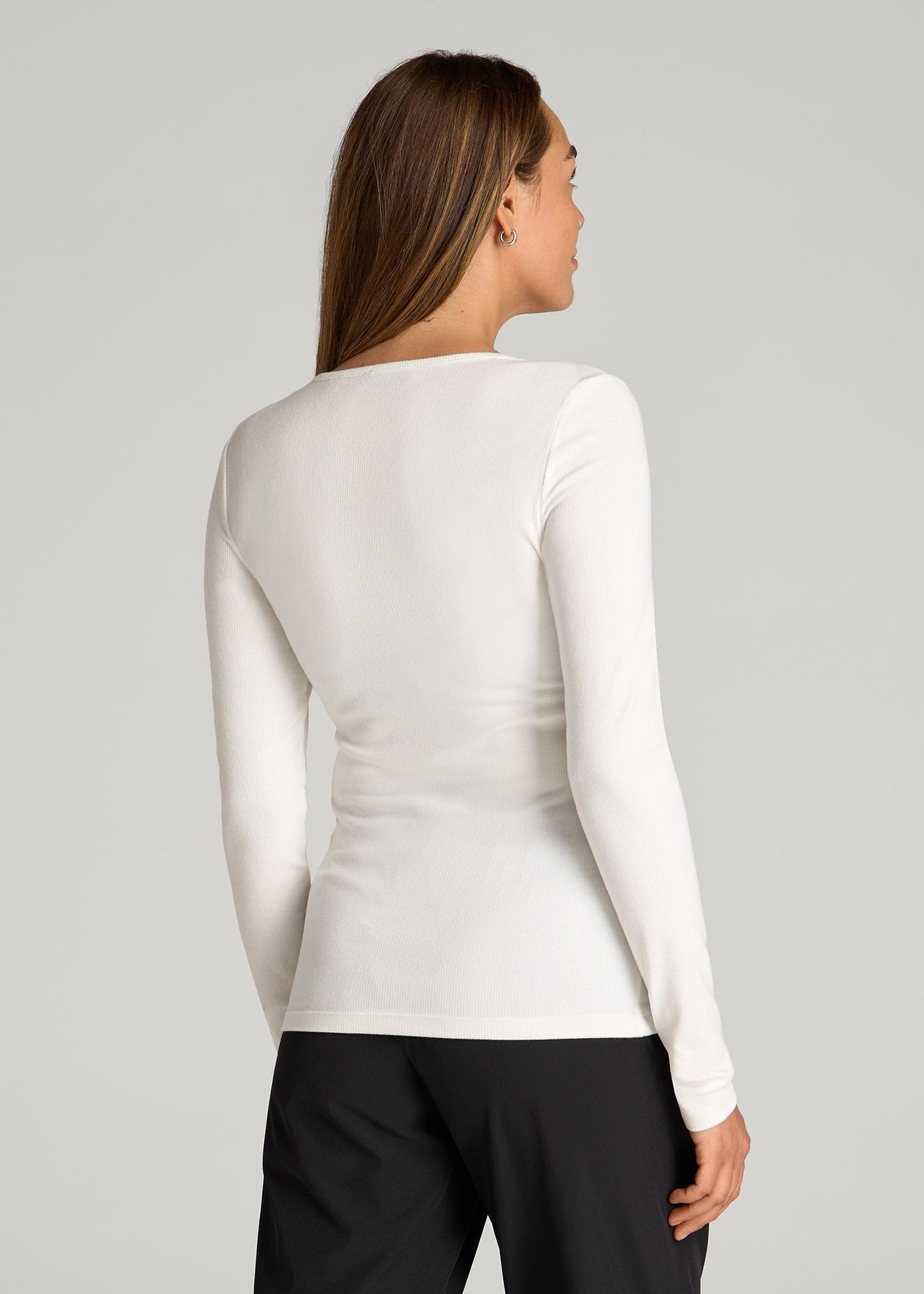 Long Sleeve Ribbed Crewneck Henley Shirt for Tall Women in Cream