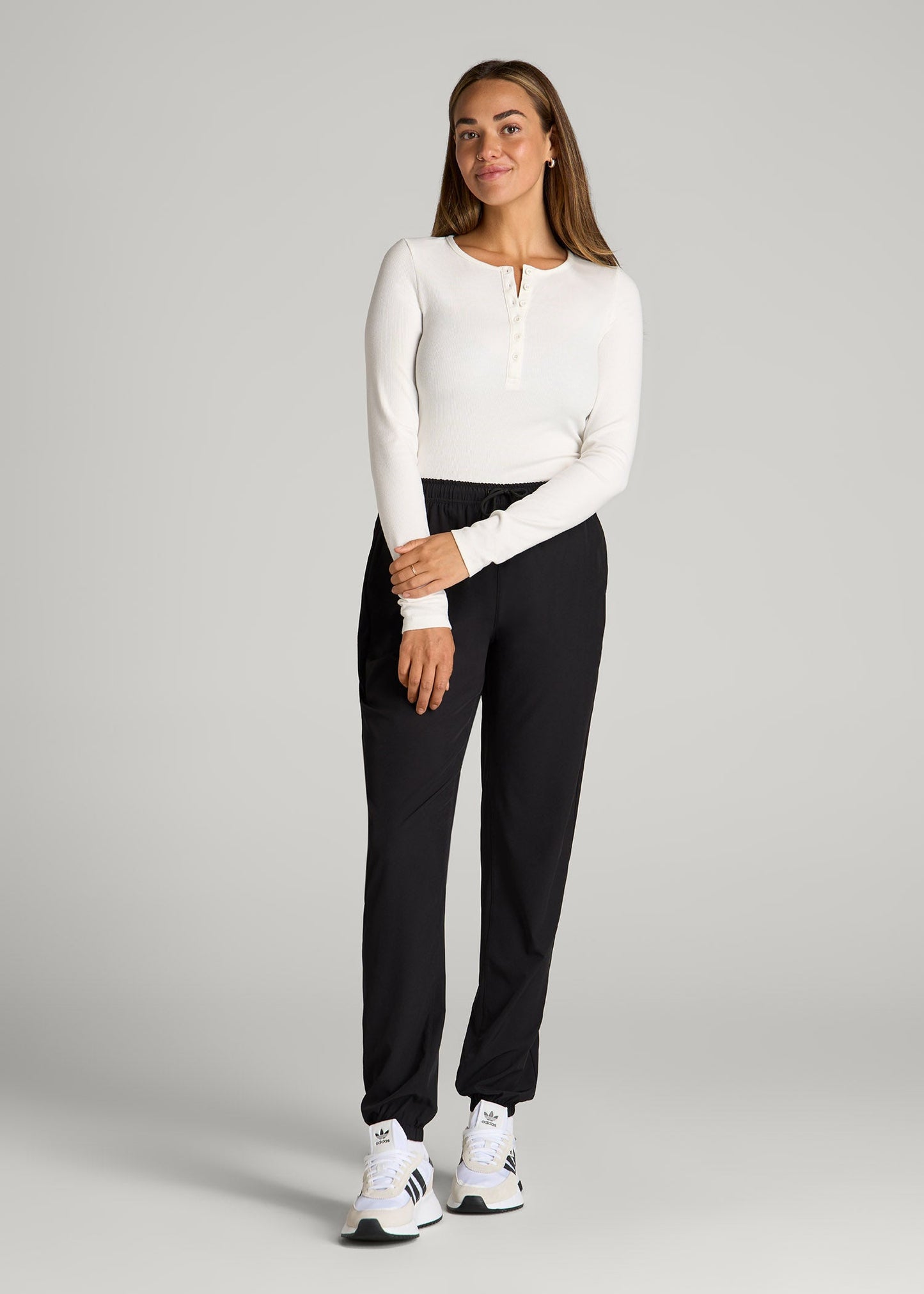 Long Sleeve Ribbed Crewneck Henley Shirt for Tall Women in Cream