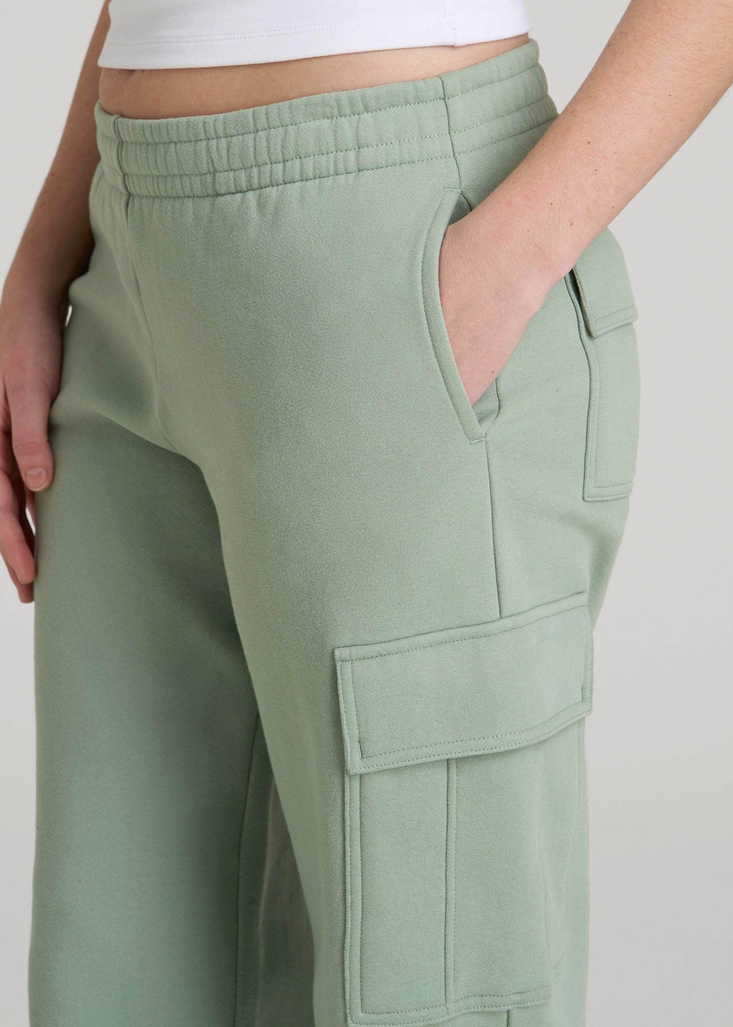 Mid Rise Cargo Fleece Sweatpants for Tall Women in Seagrass