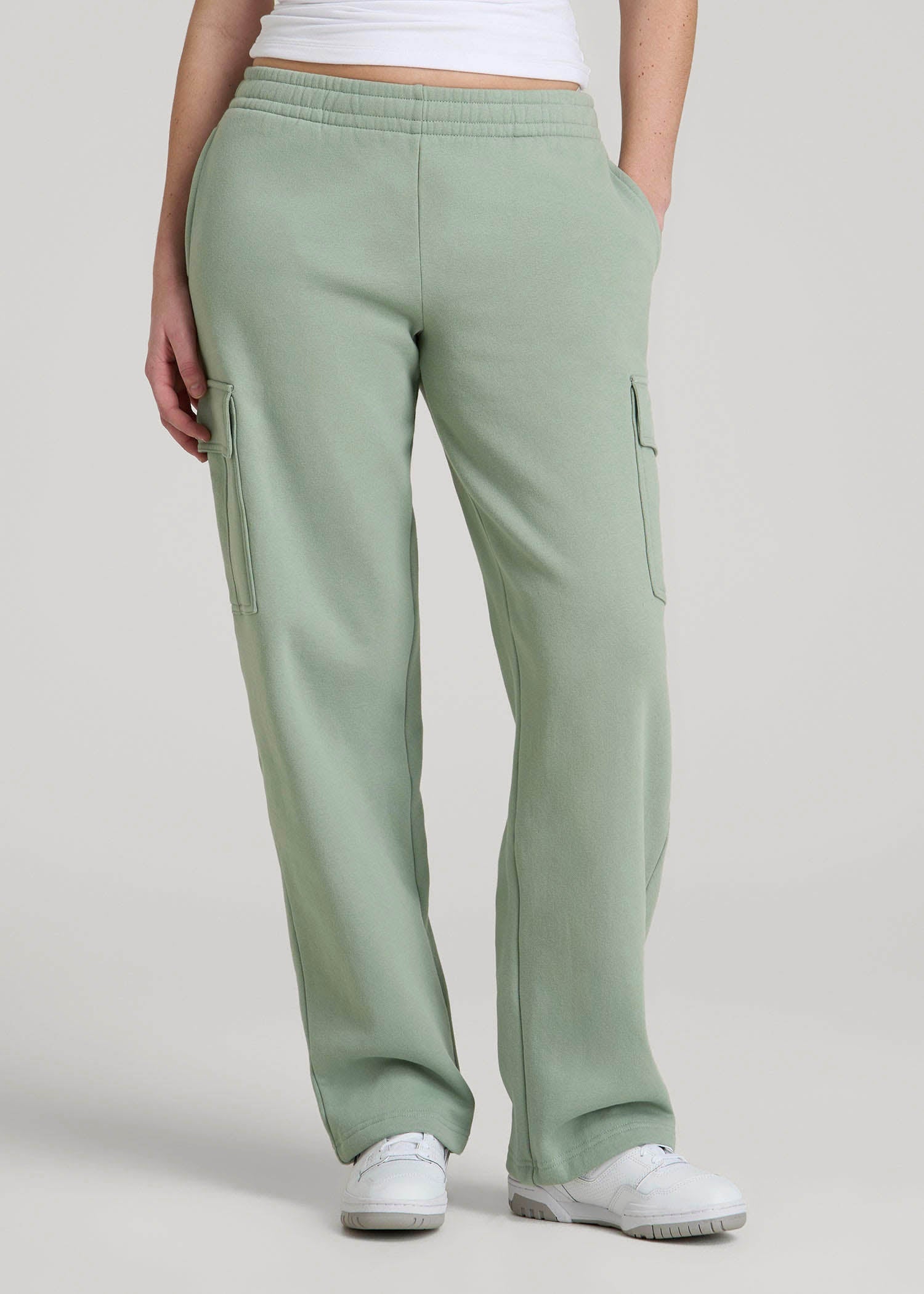 Mid Rise Cargo Fleece Sweatpants for Tall Women in Seagrass