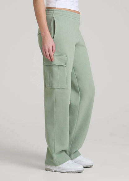 Mid Rise Cargo Fleece Sweatpants for Tall Women in Seagrass