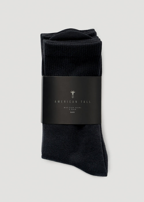 Mid Crew Socks (X-Large Size: 10-13) for Tall Women in Black