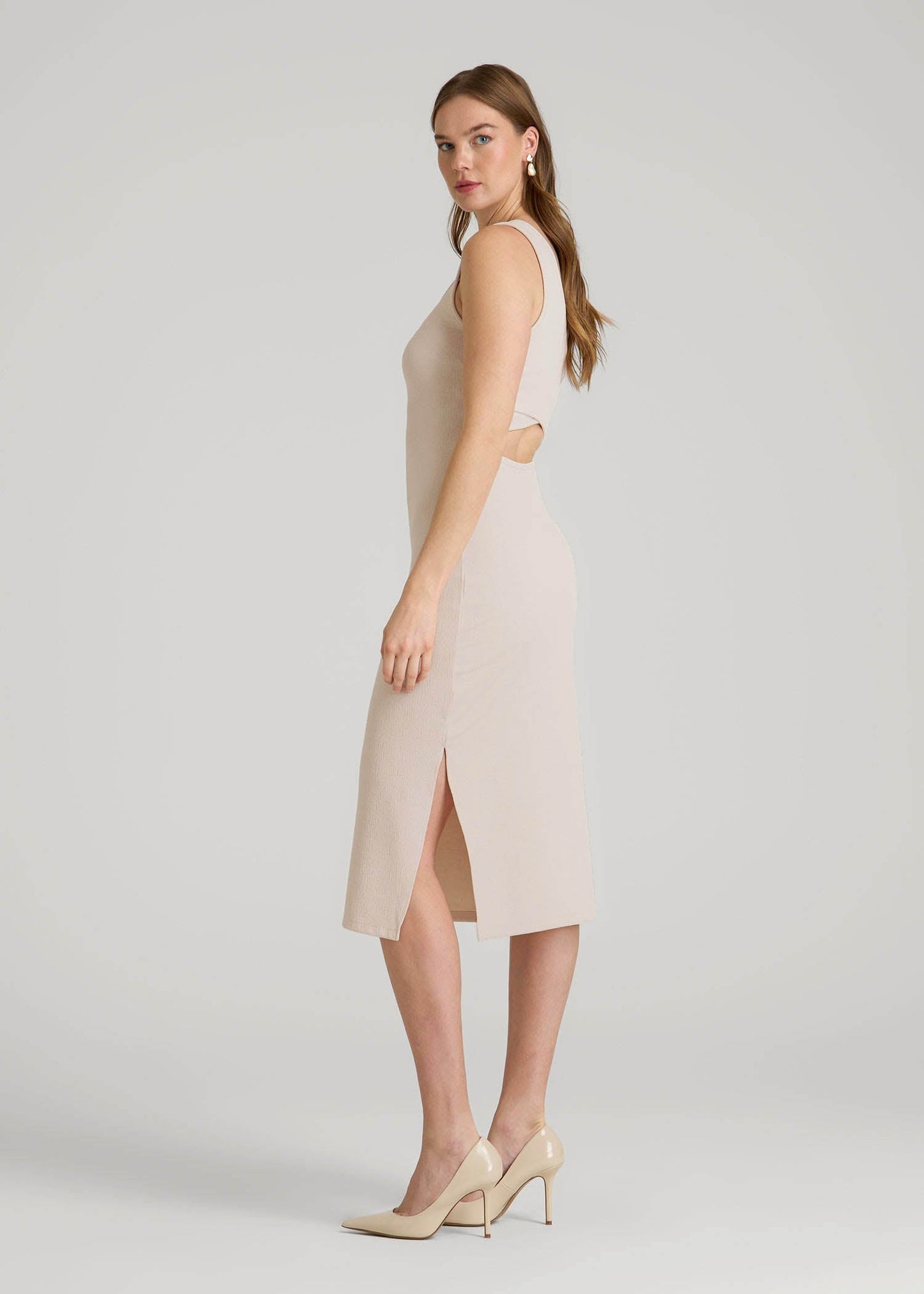 Midi Cross Back Sleeveless Dress for Tall Women in Shell