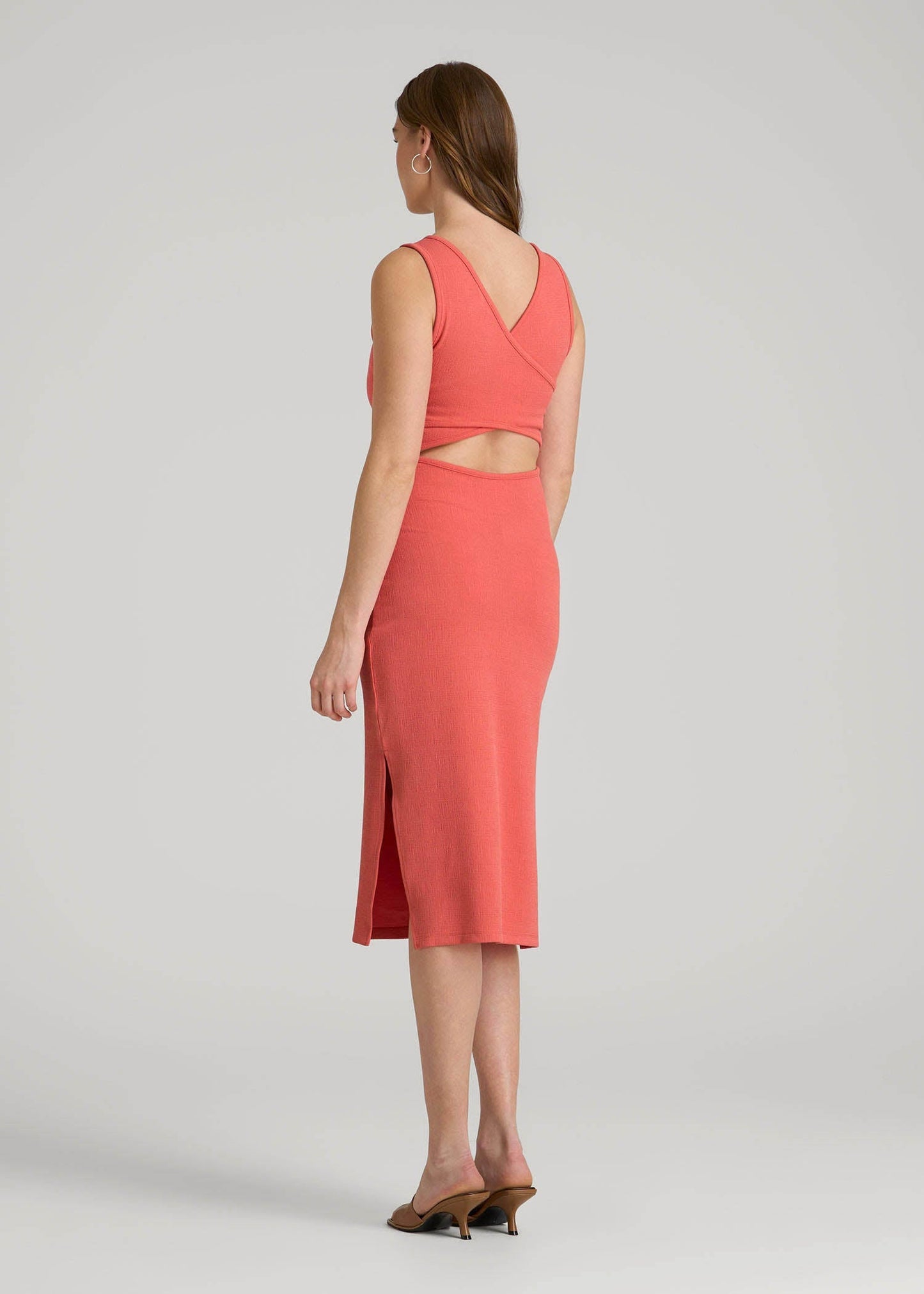 Midi Cross Back Sleeveless Dress for Tall Women in Sunset Coral