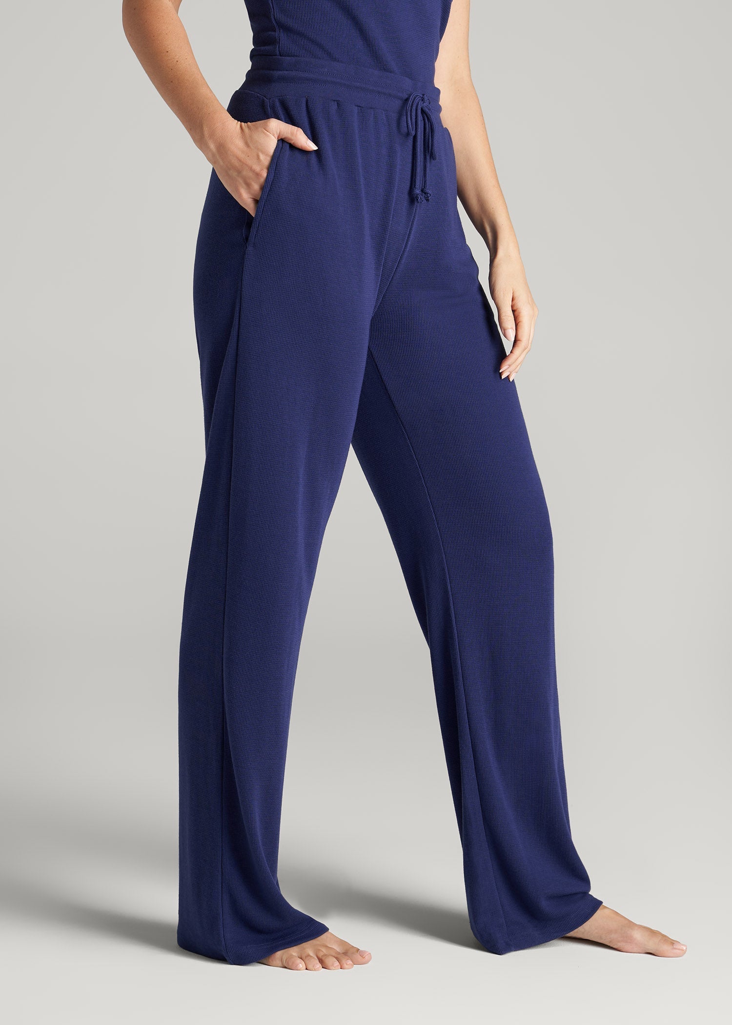 Open-Bottom Waffle Lounge Pants for Tall Women in Midnight Blue
