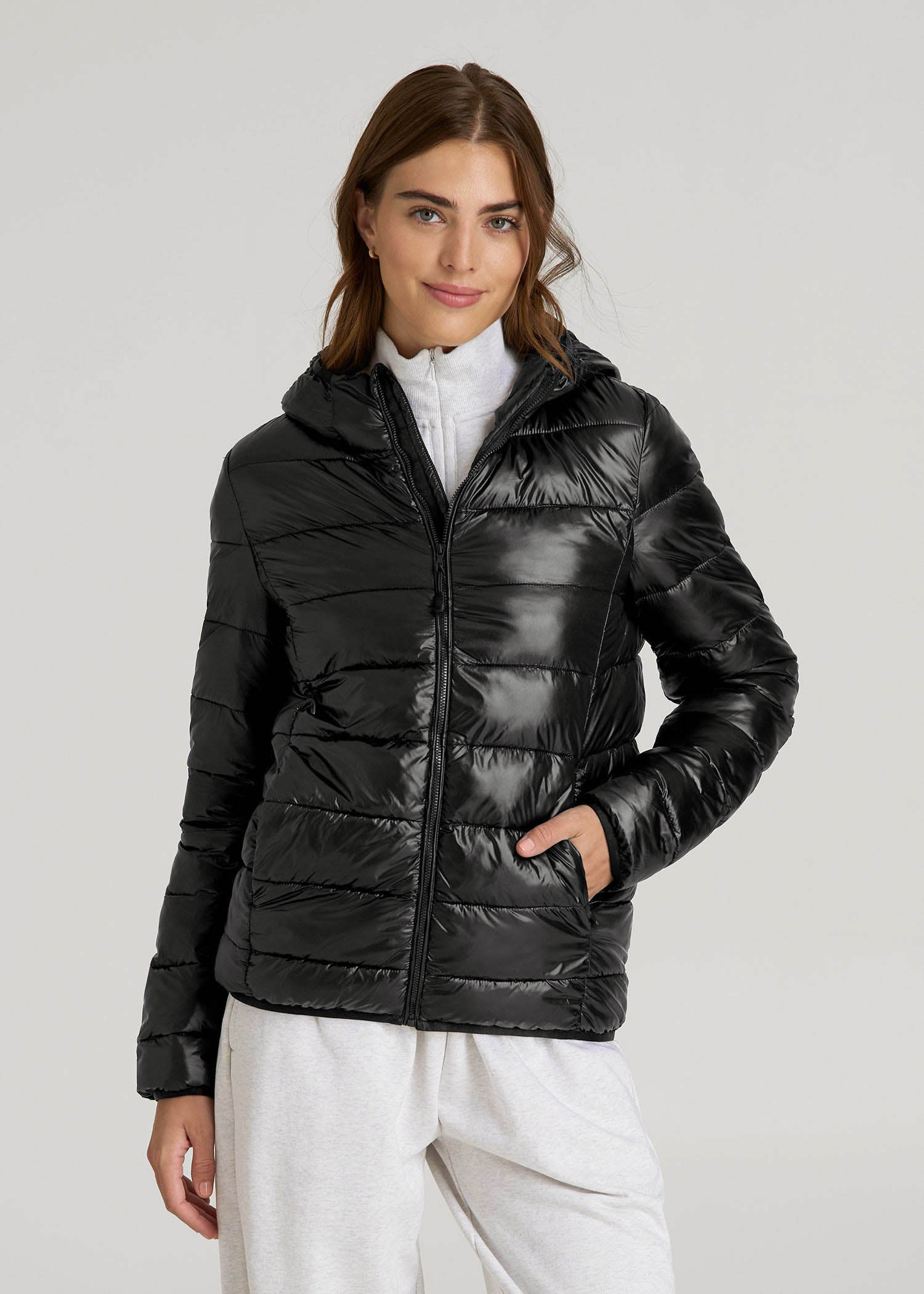 Packable Short Puffer Jacket for Tall Women in Glossy Black