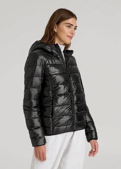 Packable Short Puffer Jacket for Tall Women in Glossy Black