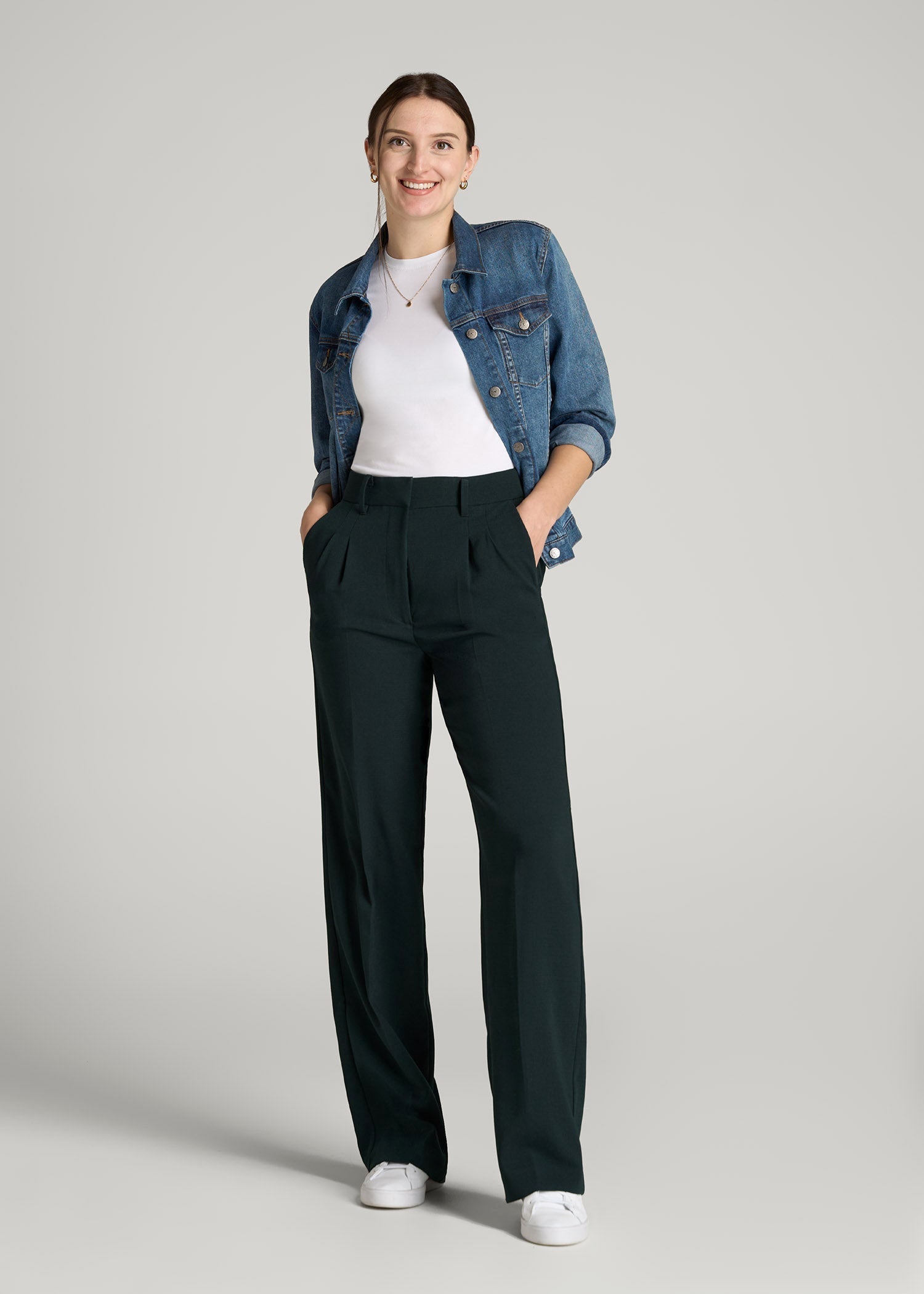 Pleated WIDE Leg Dress Pants for Tall Women in Midnight Green