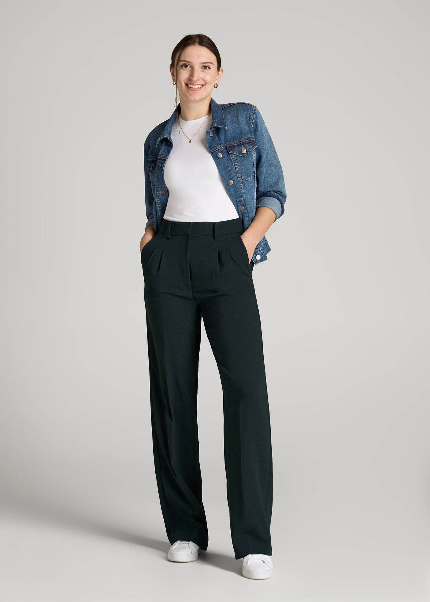 Pleated WIDE Leg Dress Pants for Tall Women in Midnight Green