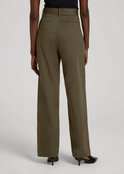 Pleated Wide Leg Chino With Belt for Tall Women in Forest Night