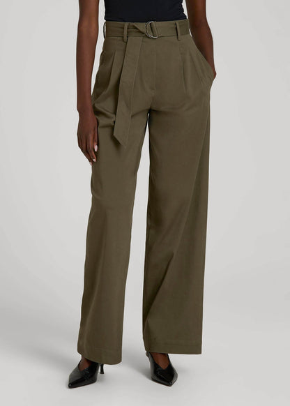 Pleated Wide Leg Chino With Belt for Tall Women in Forest Night