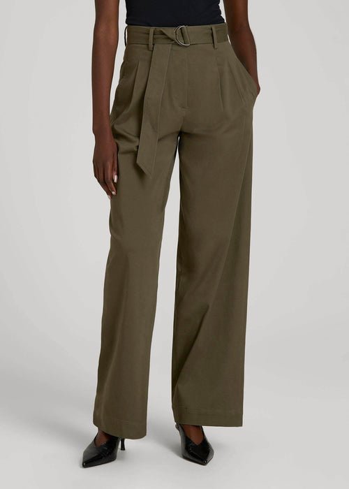 Pleated Wide Leg Chino With Belt for Tall Women in Forest Night