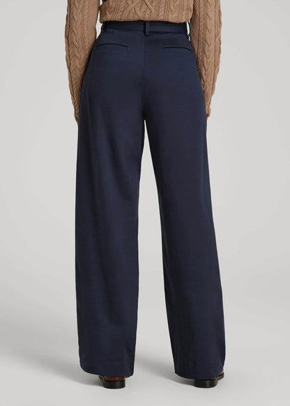 Pleated Wide Leg Chino With Belt for Tall Women in True Navy