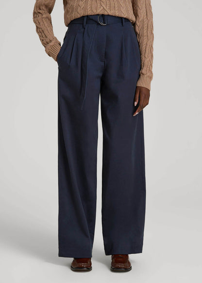 Pleated Wide Leg Chino With Belt for Tall Women in True Navy