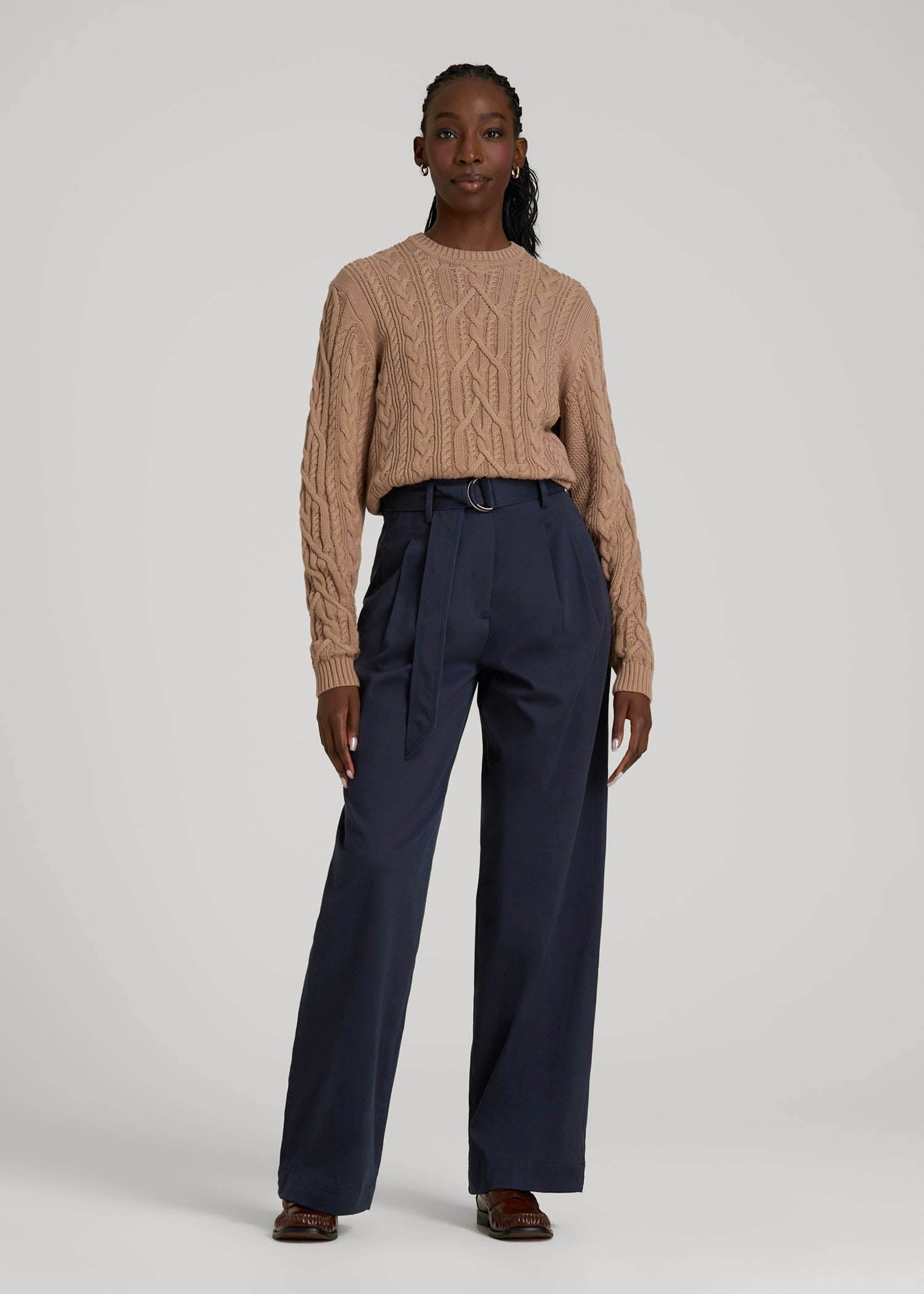 Pleated Wide Leg Chino With Belt for Tall Women in True Navy