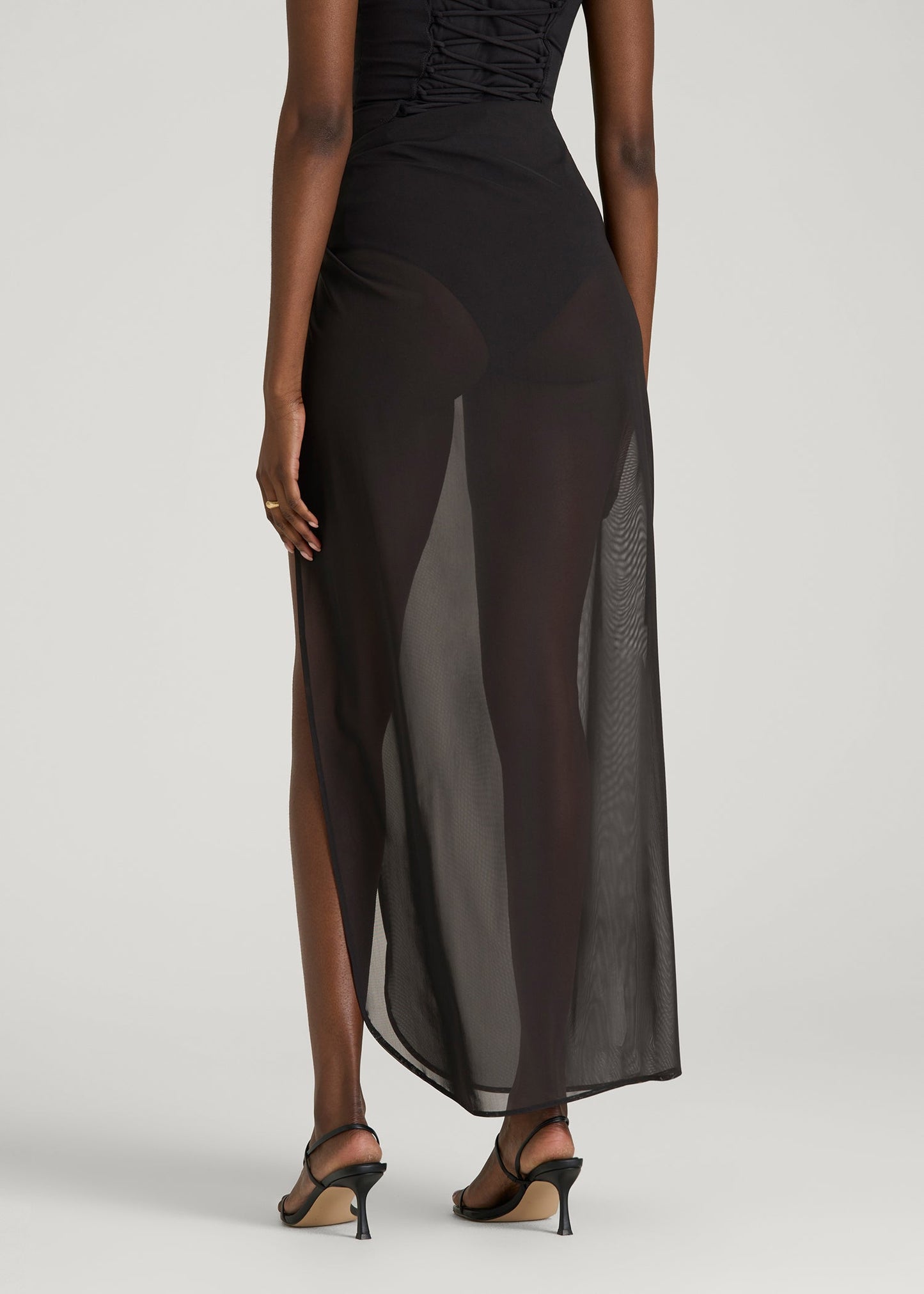 Power Mesh Long Sarong for Tall Women in Deep Black