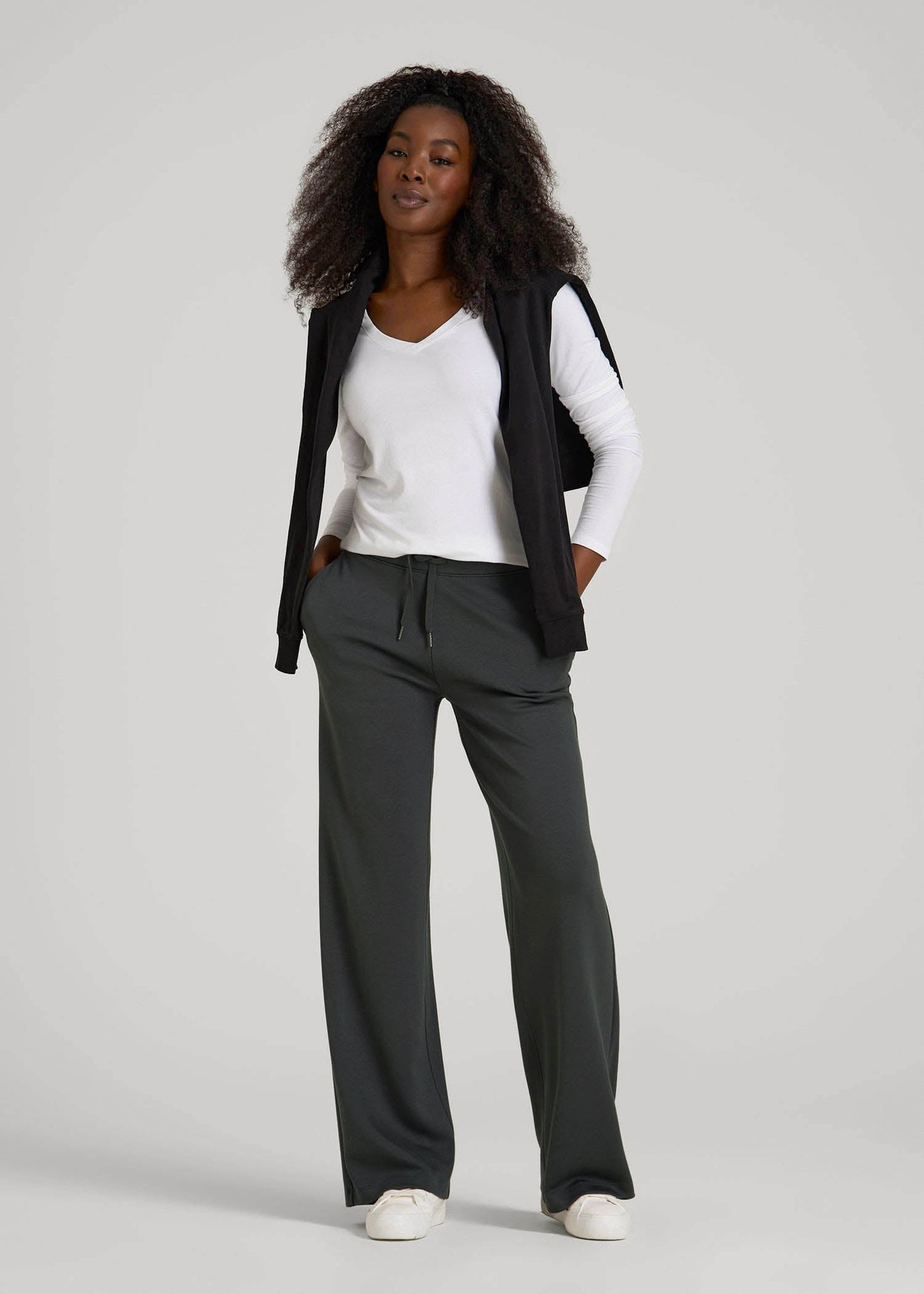 Pull-On Tie Waist Wide Leg Pants for Tall Women in Iron Grey