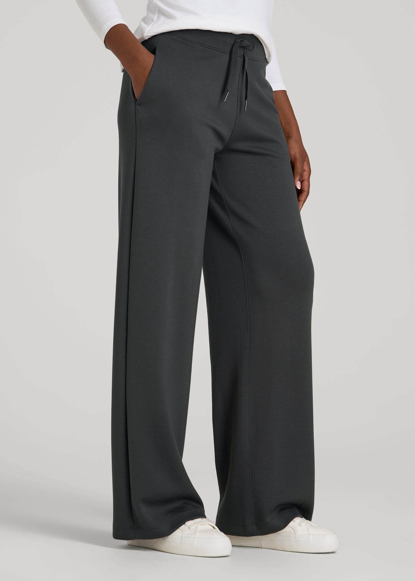 Pull-On Tie Waist Wide Leg Pants for Tall Women in Iron Grey