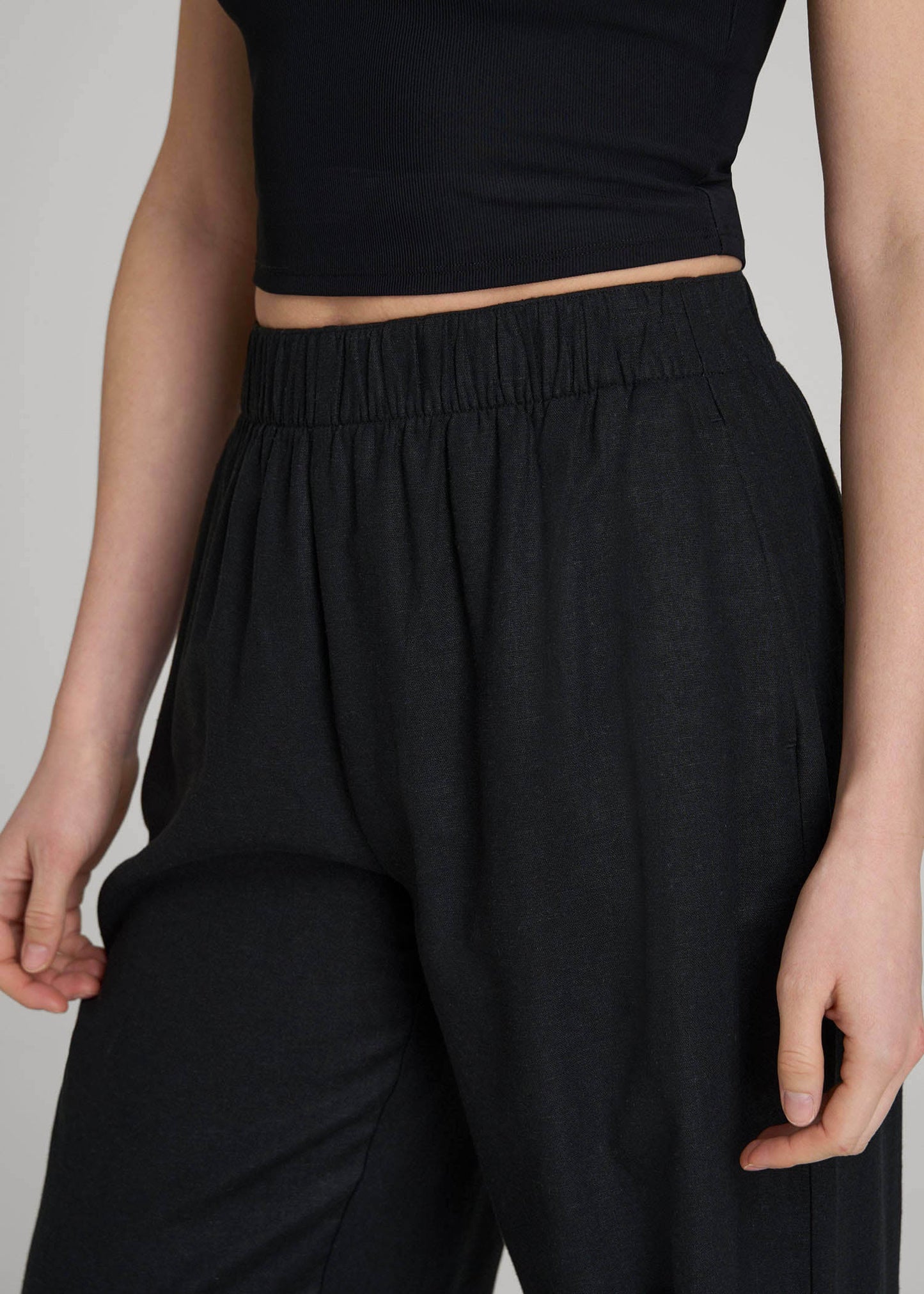 Pull On Wide Leg Linen Pants for Tall Women in Black