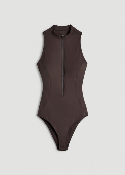 Quarter Zip Cinched One Piece Swimsuit for Tall Women in Espresso