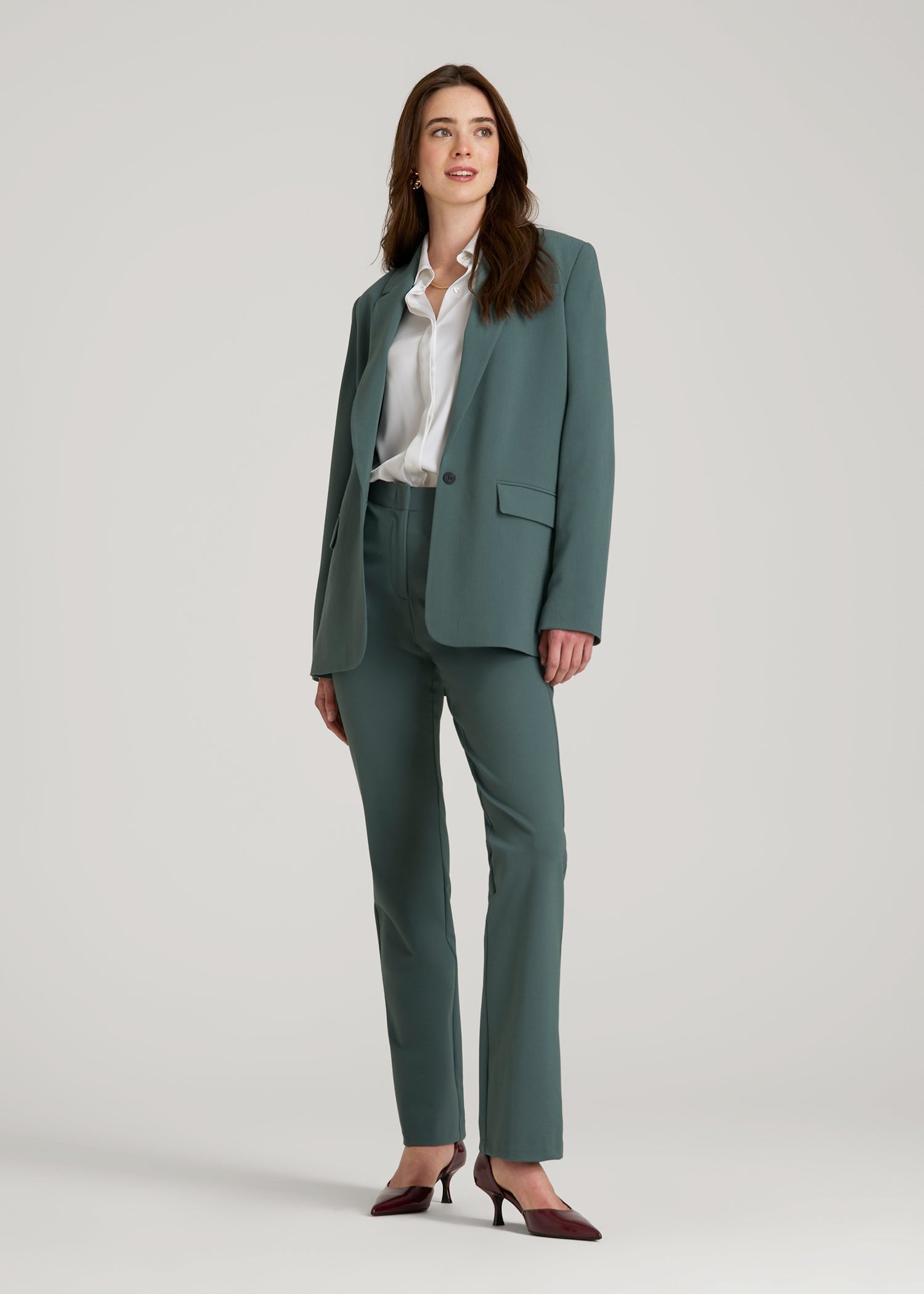 Boyfriend Fit Single-Button Blazer for Tall Women in Balsam Green