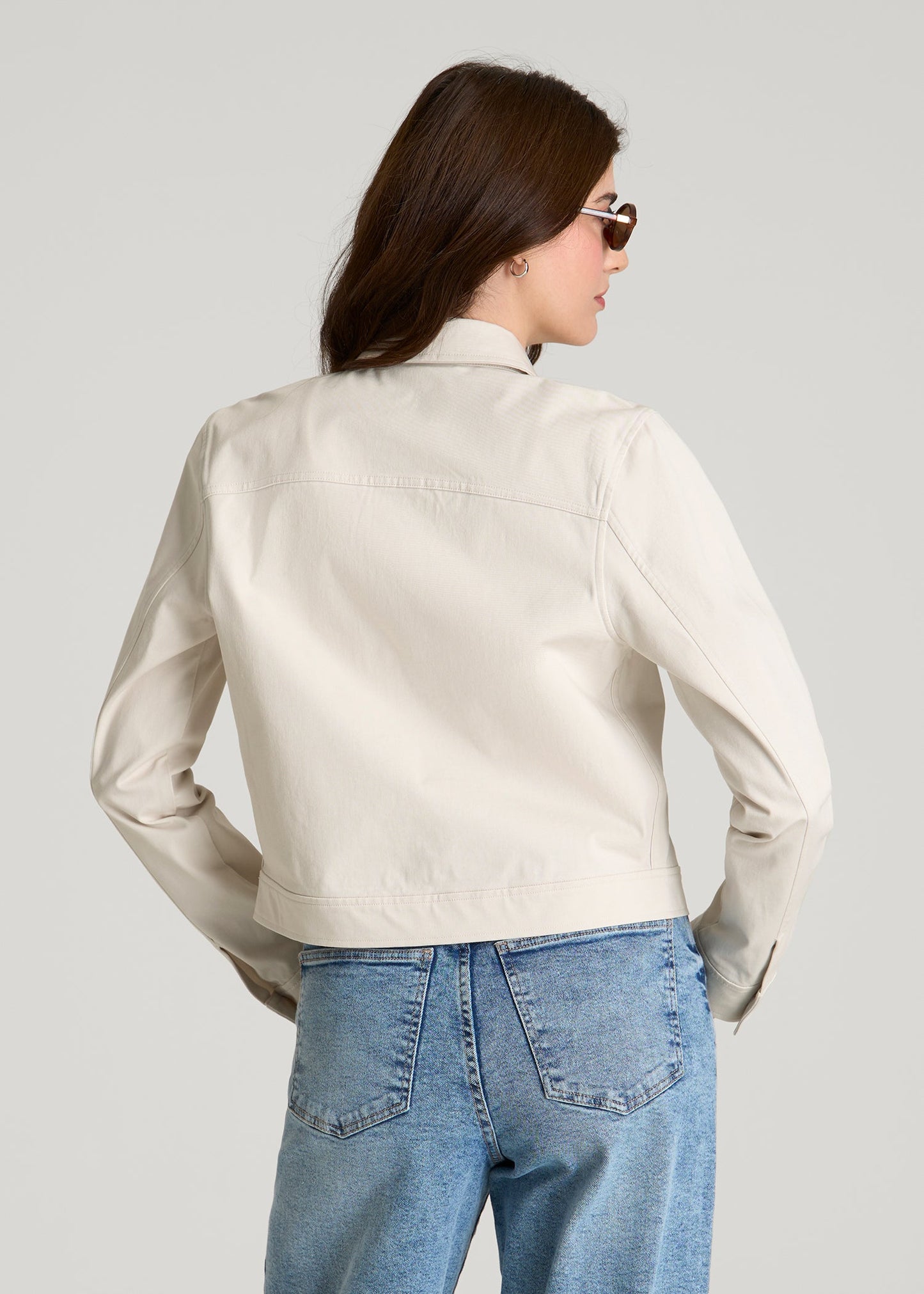 Stretch Commuter Military Cropped Cargo Jacket for Tall Women in White Sand