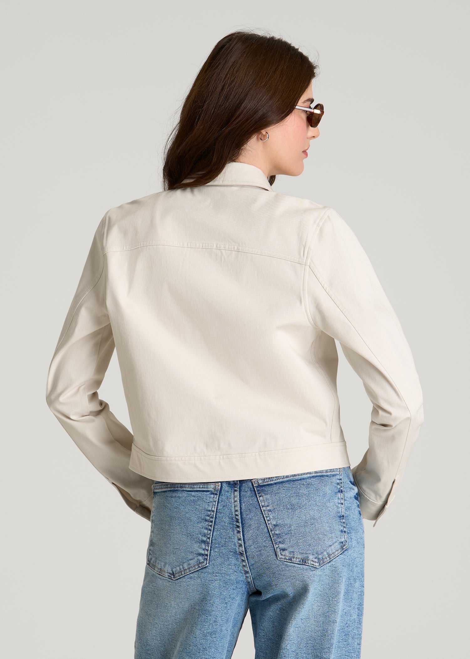 Stretch Commuter Military Cropped Cargo Jacket for Tall Women in White Sand