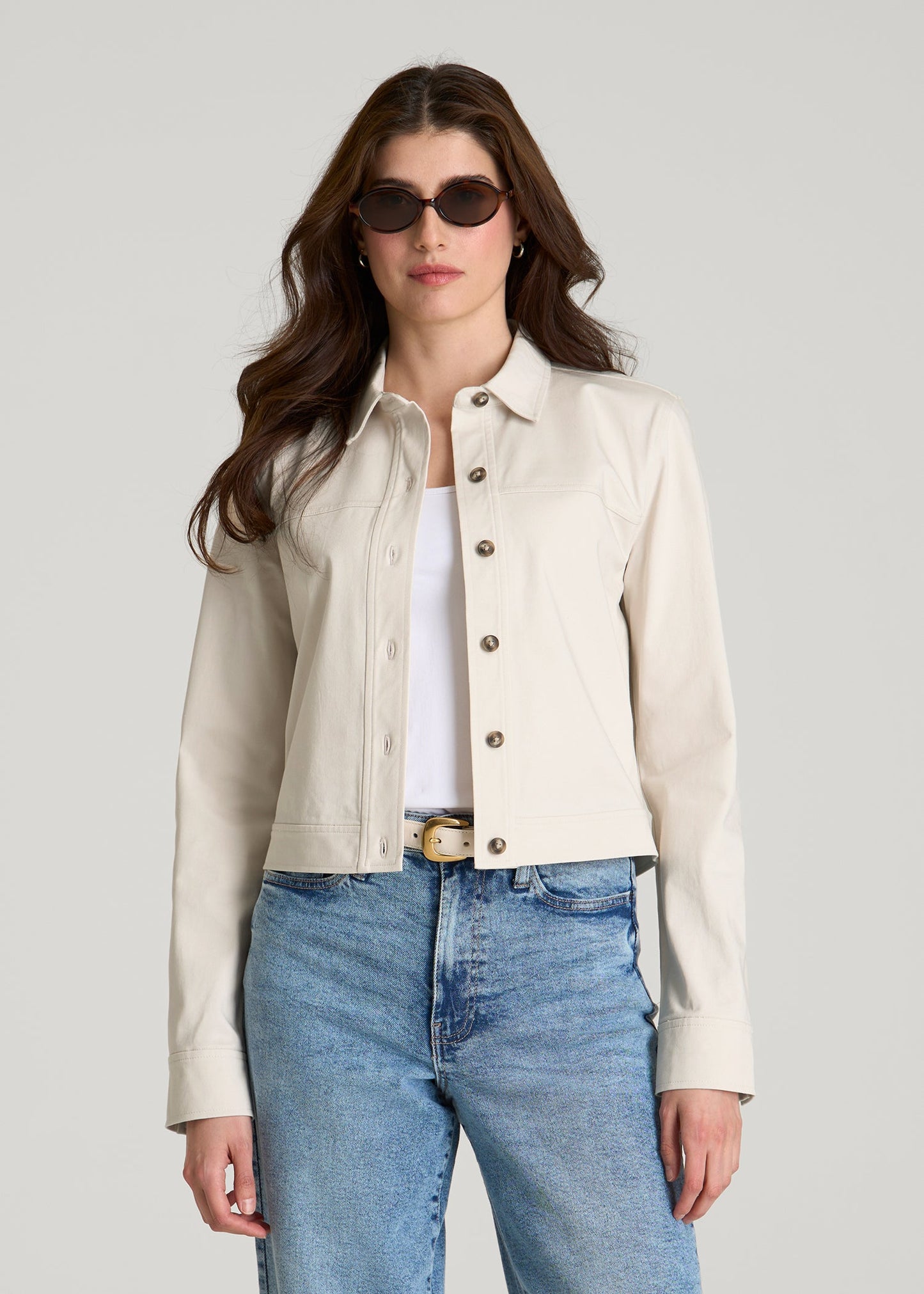 Stretch Commuter Military Cropped Cargo Jacket for Tall Women in White Sand
