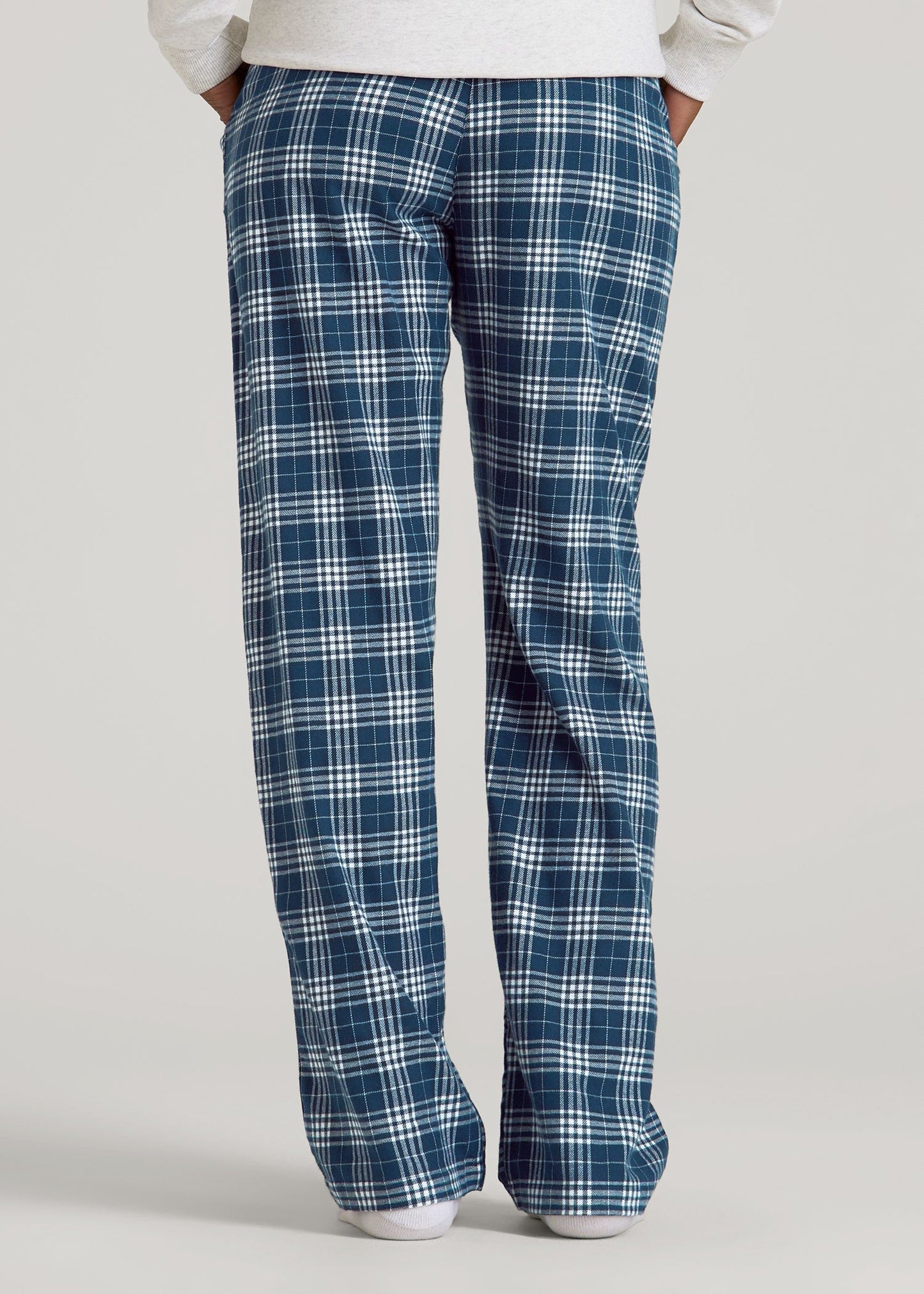 Tie Waist Flannel Pajama Pants for Tall Women in Navy and White Plaid