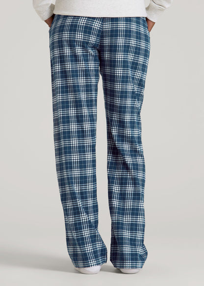 Tie Waist Flannel Pajama Pants for Tall Women in Navy and White Plaid