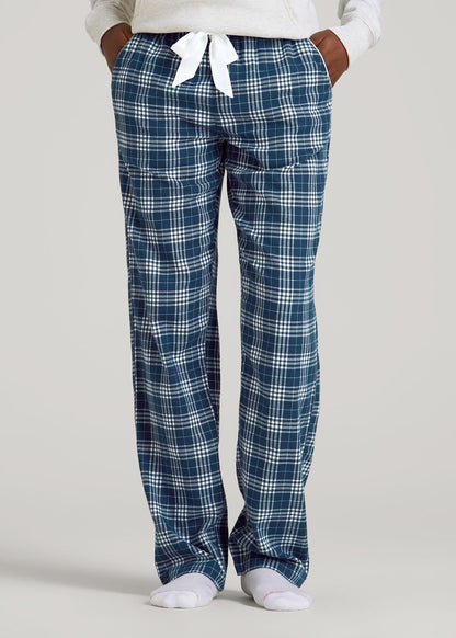 Tie Waist Flannel Pajama Pants for Tall Women in Navy and White Plaid