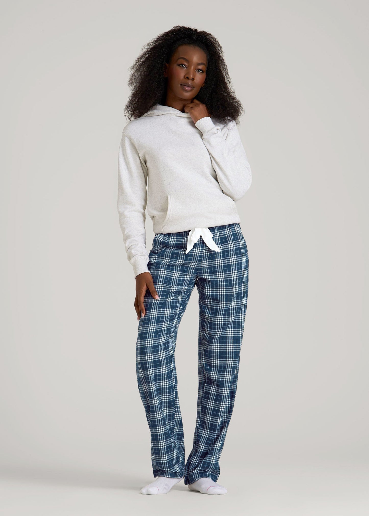 Tie Waist Flannel Pajama Pants for Tall Women in Navy and White Plaid