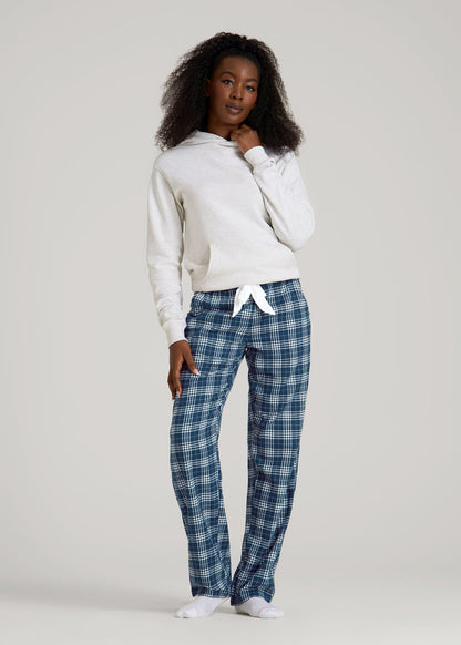 Tie Waist Flannel Pajama Pants for Tall Women in Navy and White Plaid