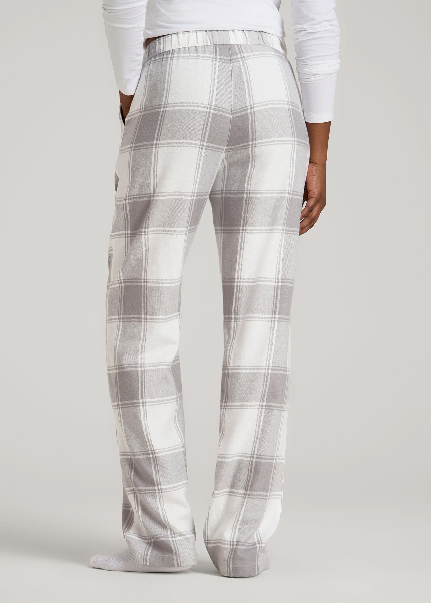 Tie-Waist Flannel Pajama Pants for Tall Women in White and Grey Plaid