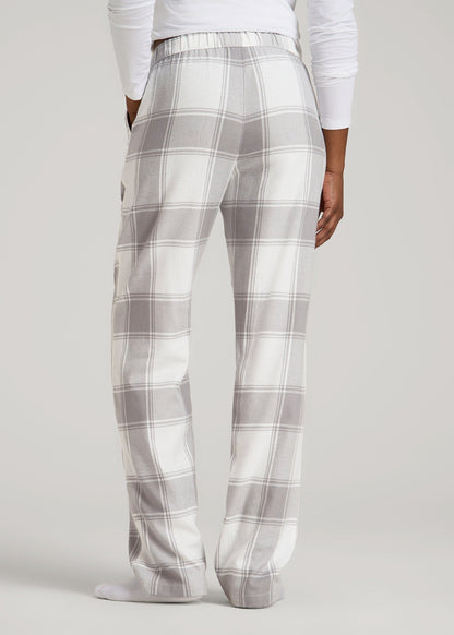 Tie-Waist Flannel Pajama Pants for Tall Women in White and Grey Plaid